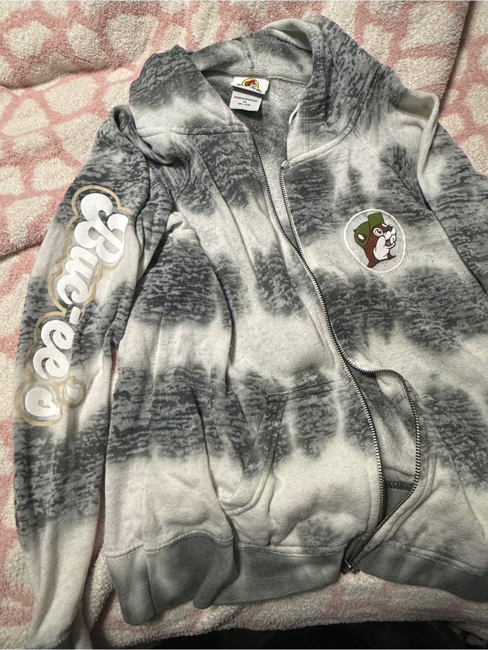 Gray Tie-Dye Zip Hoodie with Bear Patch - Unbranded